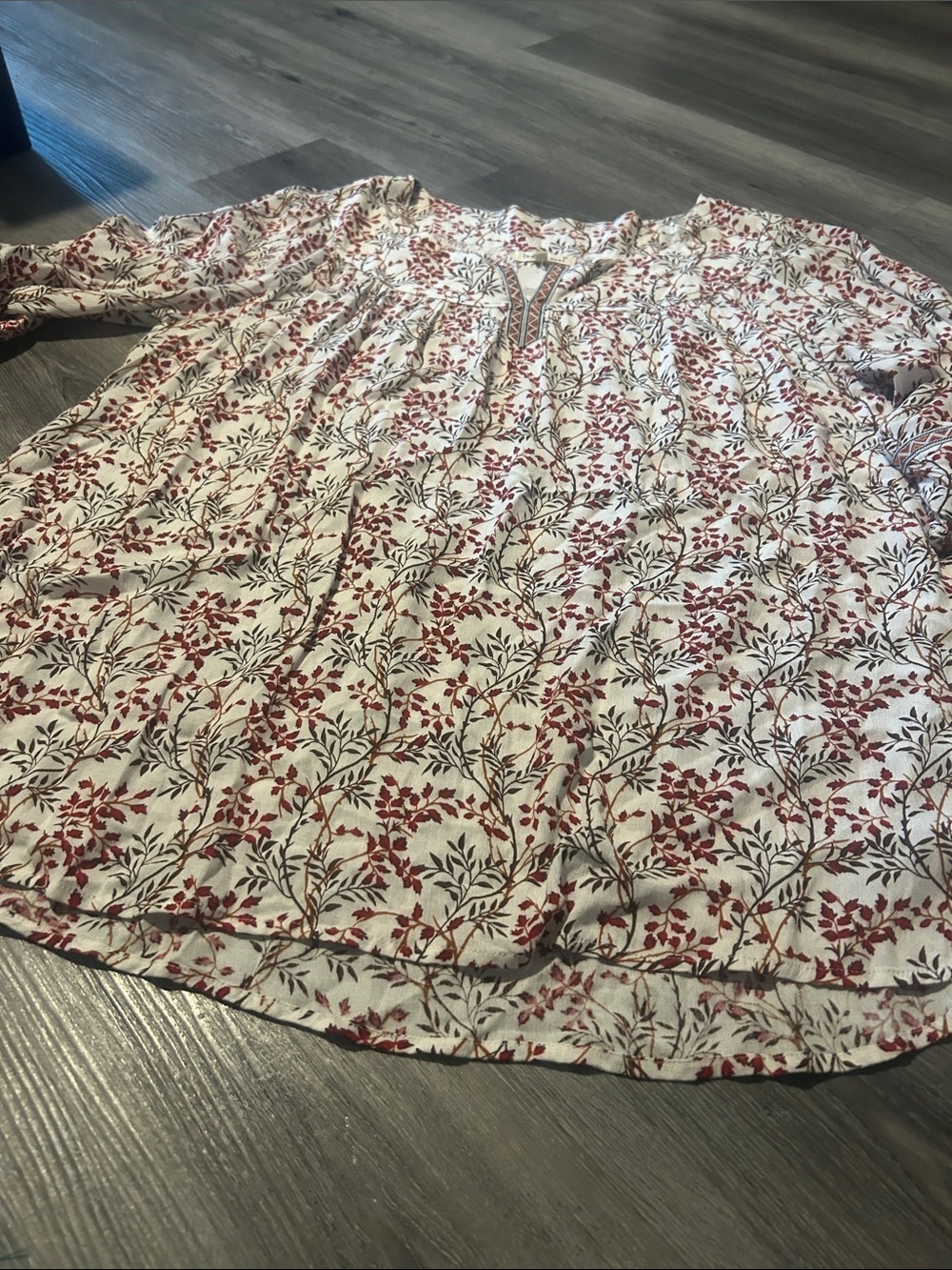 indigo soul Cream Floral Peasant Blouse with Red Leaves